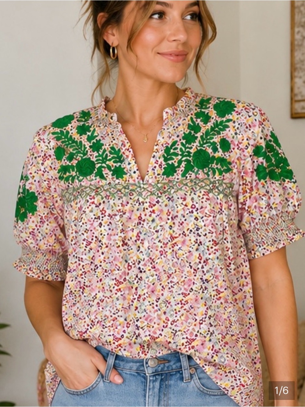 Sister Mary Camilla Ditsy Floral Embroidered Short Sleeve Blouse Top Green/Pink